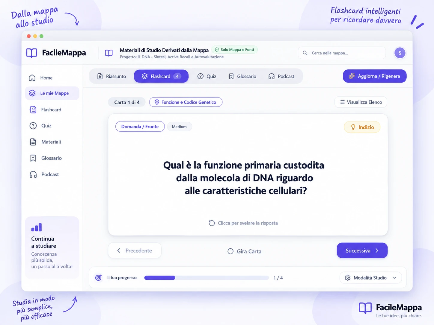 Schermata di FacileMappa: modulo flashcard per il ripasso attivo