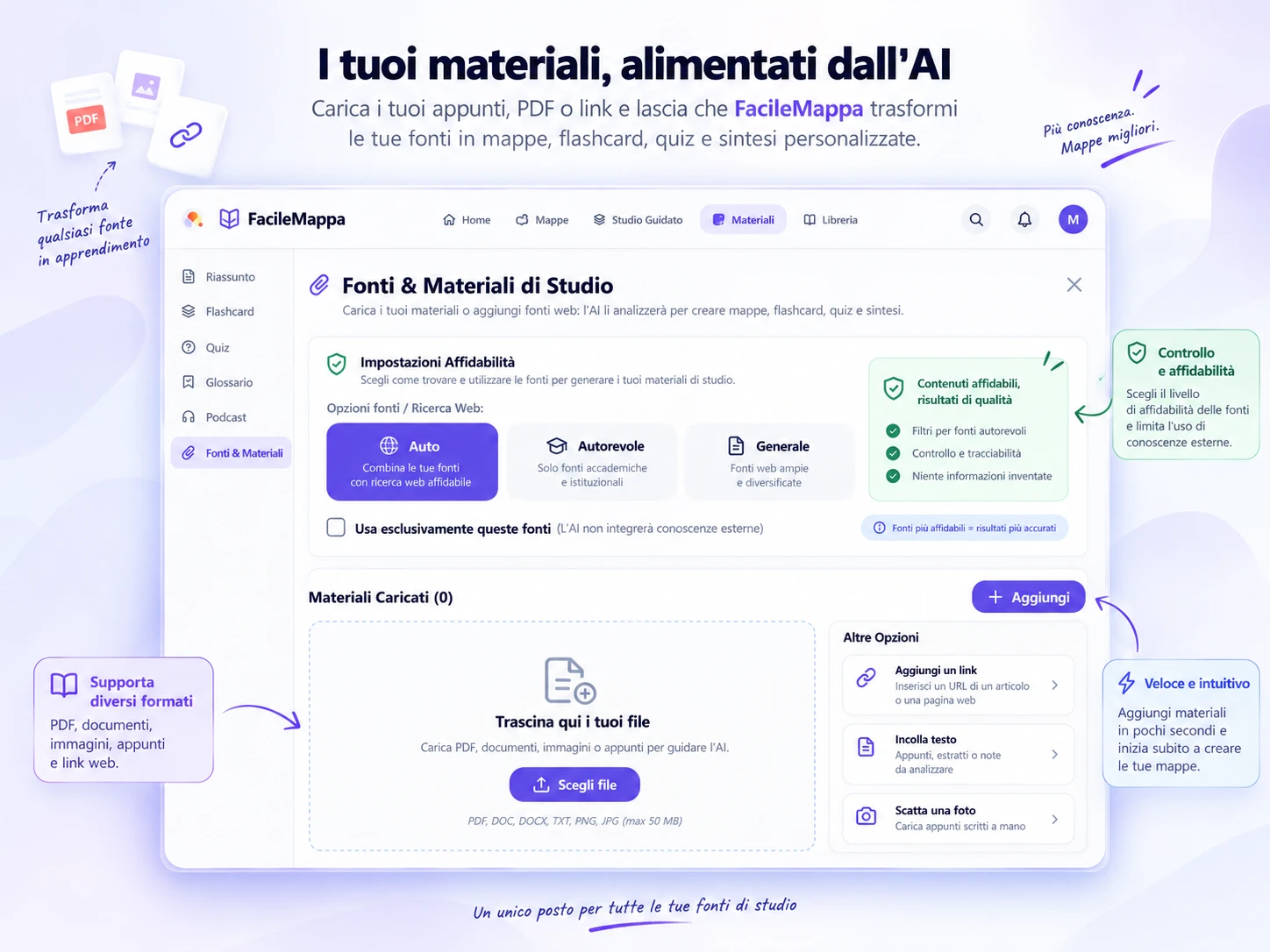 Schermata di FacileMappa: pannello materiali e gestione fonti di studio