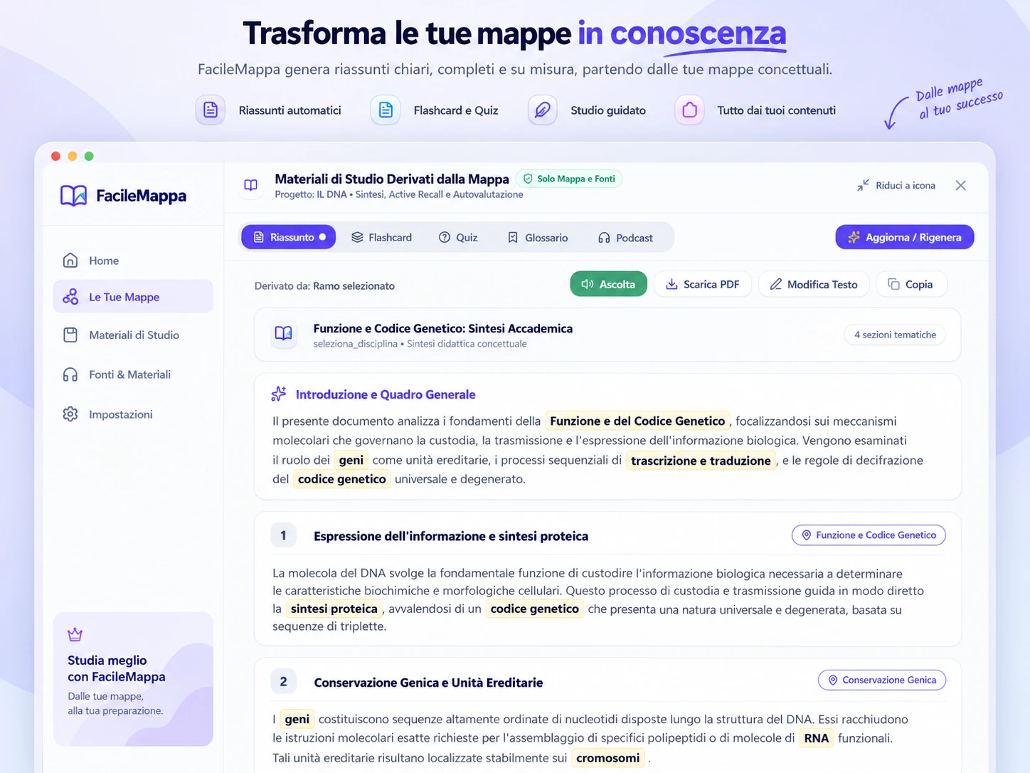 Schermata di FacileMappa: riassunto del testo organizzato per punti chiave